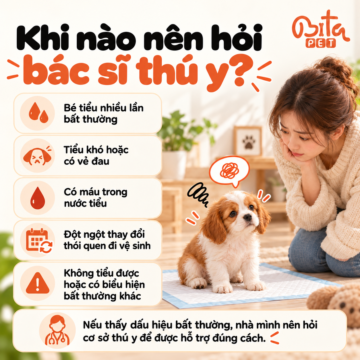 Infographic các dấu hiệu đi vệ sinh bất thường ở chó cần hỏi bác sĩ thú y, minh họa chó con và người chăm sóc