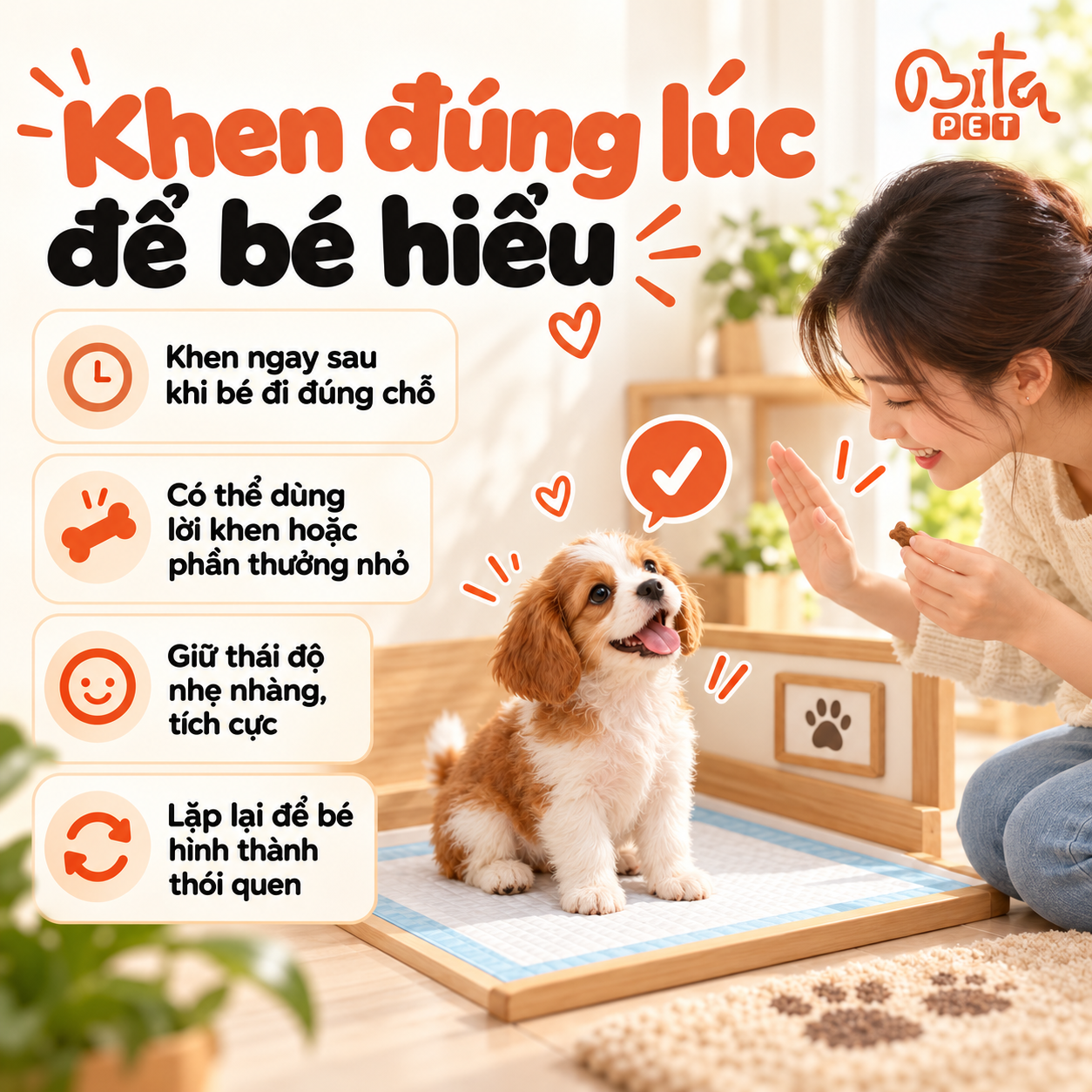 Infographic khen thưởng đúng lúc sau khi chó đi vệ sinh đúng chỗ, người nuôi khích lệ chú cún