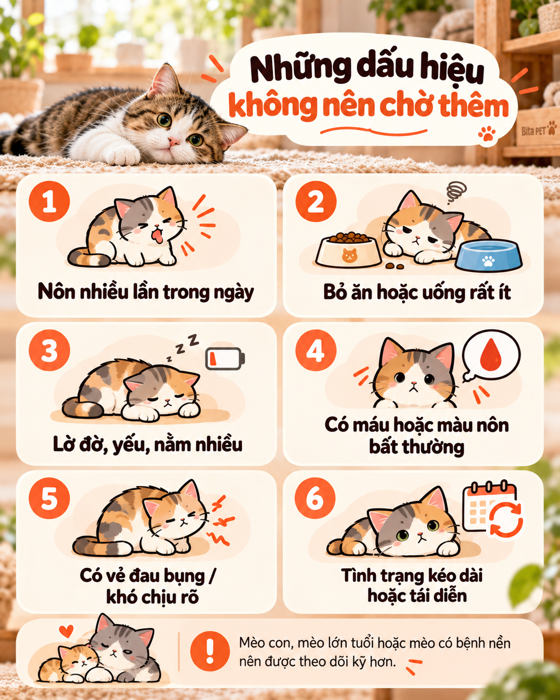 Infographic các dấu hiệu cảnh báo khi mèo nôn như nôn nhiều lần, bỏ ăn, lờ đờ hoặc đau bụng