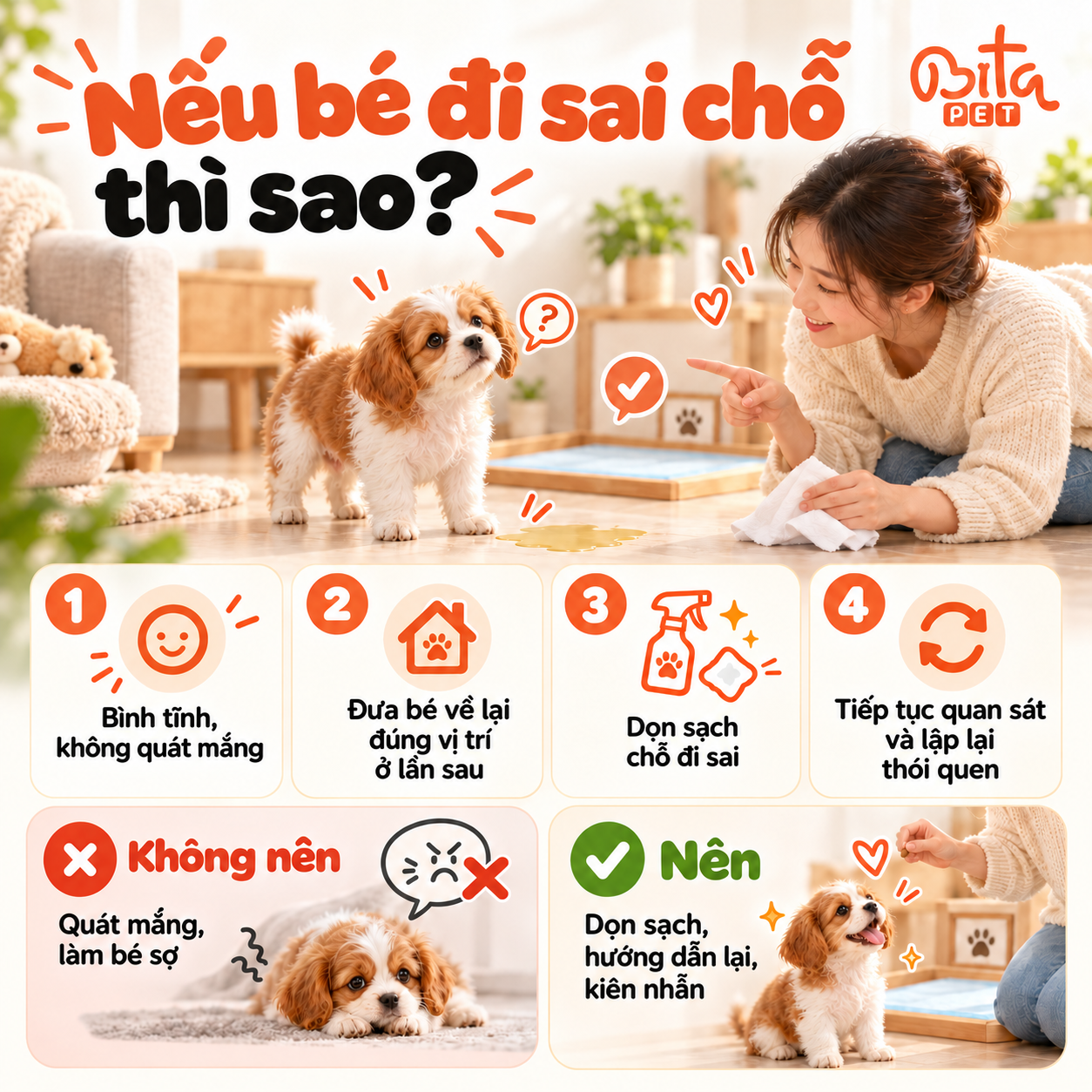 Infographic cách xử lý khi chó đi vệ sinh sai chỗ: bình tĩnh, dọn sạch và không quát mắng