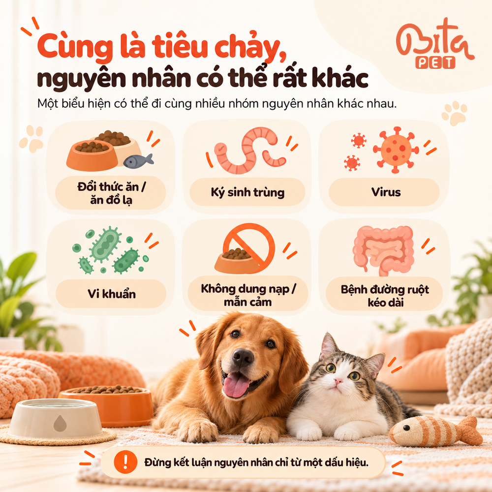 Infographic về các nhóm nguyên nhân có thể liên quan đến tiêu chảy ở chó mèo