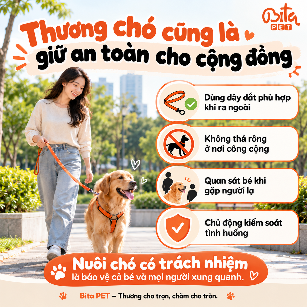 Infographic Bita PET về nuôi chó có trách nhiệm: dùng dây dắt, không thả rông, quan sát khi gặp người lạ và kiểm soát tình huống.