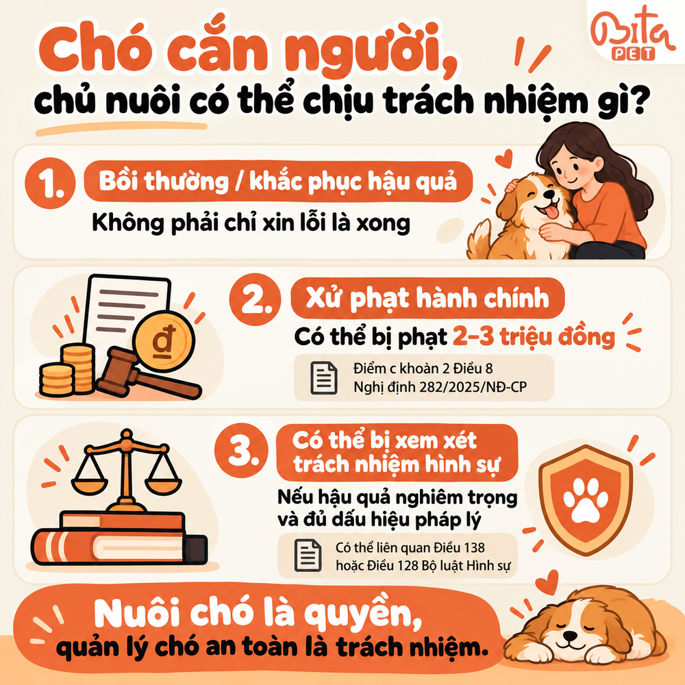 Infographic Bita PET tóm tắt bồi thường, mức phạt hành chính 2 đến 3 triệu đồng và điều kiện xem xét trách nhiệm hình sự khi chó cắn người.